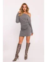 M818 Pletené šaty so spadnutým ramenom - sivé melírované