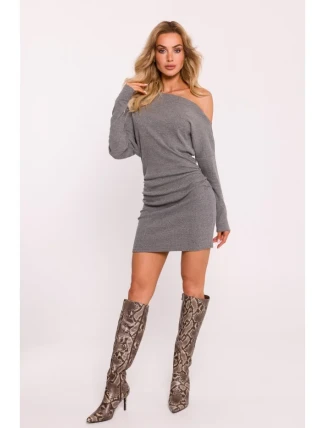 M818 Pletené šaty so spadnutým ramenom - sivé melírované