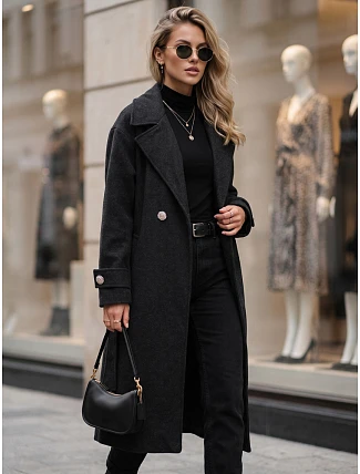 Dlhý dámsky kabát s viazaním v pase, čierny, FashionStreet NY0809 Dlhý dámsky kabát s viazaním v pase, čierny, FashionStreet NY0809