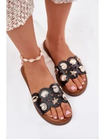 Klapki Damskie Na Płaskim Obcasie Ze Złotymi Przypinkami Czarne Nalothiel