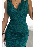 Zelené krajkové dámske midi šaty s preloženým obálkovým výstrihom 383-4