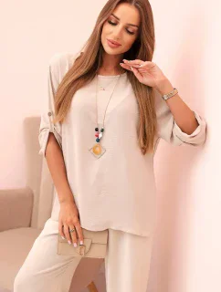 Dámsky set s blúzkou s náhrdelníkom a širokými nohavicami béžovej farby