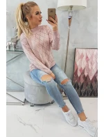 Sveter s polovičným rolákom a kosoštvorcovým vzorom púdrovo ružový