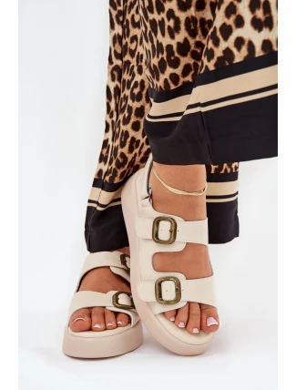 Sandały Damskie Na Platformie I Koturnie Z Klamrami Beżowe Genorre