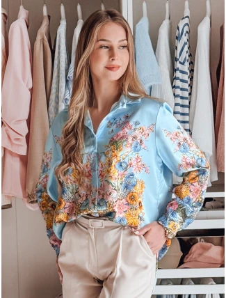 Dámske kvetinové oversize tričko BLOSSIVA modré FashionStreet DY0466 Dámske kvetinové oversize tričko BLOSSIVA modré FashionStreet DY0466
