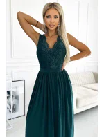 211-6 LEA dlhé šaty s čipkovým výstrihom - BOTTLE GREEN