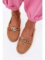 Dámske mokasíny so zlatou retiazkou a imitáciou semišu Camel Amaretto
