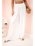Dámske široké viskózové nohavice s elastickým pásom biele