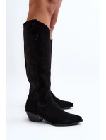 Zazoo 2909 Zamszowe Kozaki Ażurowe Na Niskim Obcasie Czarne