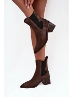 Skórzane Zamszowe Botki Damskie Na Słupku Ocieplane Artiker 57C0047 Brązowe