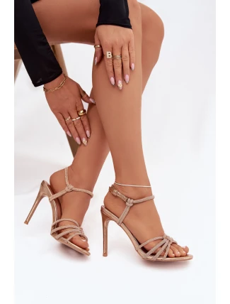 Dámské sandály na jehlovém podpatku s pásky a čirými kamínky šampaňské Tanelle