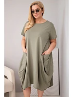 Plus veľkosť dámske bavlnené šaty s vreckami Khaki