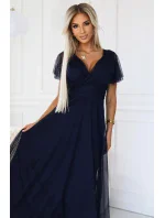 562-1 NASTIA Dlhé šaty s výstrihom a krátkymi rukávmi - ZELENÉ