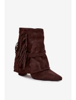 Dámské kotníkové boty na podpatku s třásněmi a zlatými přezkami čokoládové Evelisse