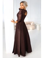 309-14 AMBER elegantné dlhé čipkované šaty s výstrihom - čokoládové