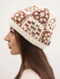 Dámska zimná čiapka s farebnou priadzou a hrubým okrajom K355 ecru+red+camel