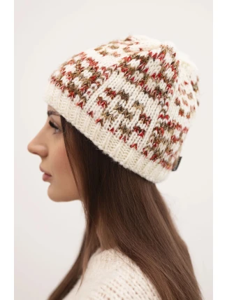 Dámska zimná čiapka s farebnou priadzou a hrubým okrajom K355 ecru+red+camel