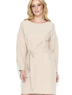 Dámske elegantné šaty s opaskom stredne dlhé béžovej - Béžová - Makadamové