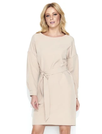 Dámske elegantné šaty s opaskom stredne dlhé béžovej - Béžová - Makadamové Dámske elegantné šaty s opaskom stredne dlhé béžovej - Béžová - Makadamové