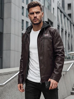 Pánska zateplená bunda z ekokože s kapucňou, hnedá, FashionStreet TX5146
