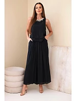 Dámska súprava z viskózy s vrchným dielom bez rukávov a širokými nohavicami s ozdobným lemovaním čierna