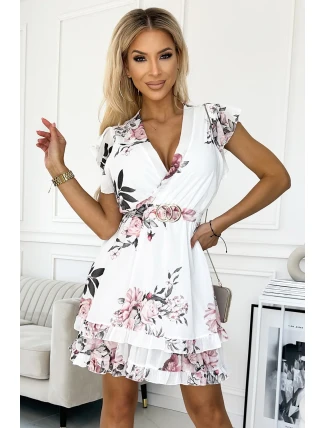 468-1 PATRIZIA šaty s obálkovým výstrihom, opaskom a krátkymi rukávmi - BIELE V RUŽOVEJ 468-1 PATRIZIA šaty s obálkovým výstrihom, opaskom a krátkymi rukávmi - BIELE V RUŽOVEJ