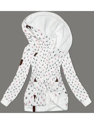 Biela hrubšia mikina so šikmým zipsom a vzorom kotvy (2308)