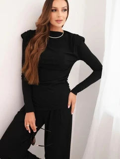 Dámsky bavlnený komplet s blúzkou a širokými nohavicami čierny