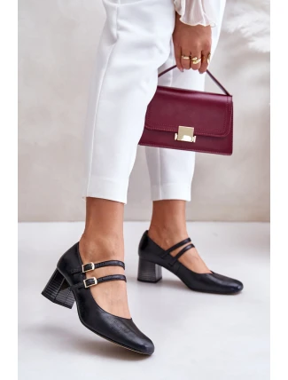 Skórzane Czółenka Z Paskami Na Słupku Laura Messi 2857 Czarne