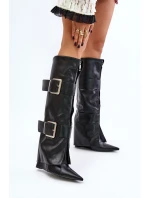 Kozaki Do Kolana Na Koturnie Z Wywiniętą Cholewką I Klamrami Tamirla