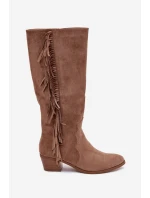 Dámské kozačky na podpatku s třásněmi zateplené khaki Firlina