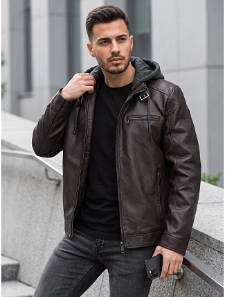 Pánska kožená zateplená bunda s kapucňou, hnedá, FashionStreet TX5148 Pánska kožená zateplená bunda s kapucňou, hnedá, FashionStreet TX5148