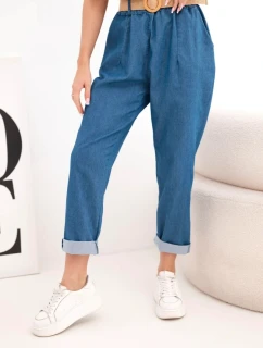 Dámske nohavice s ohrnutou nohavicou a opaskom tmavý denim