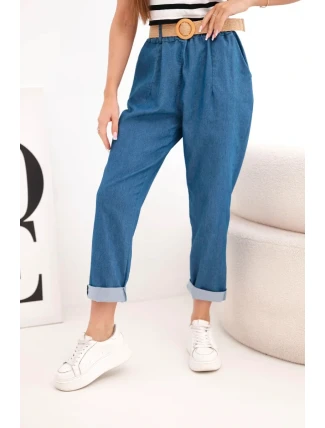 Dámske nohavice s ohrnutou nohavicou a opaskom tmavý denim