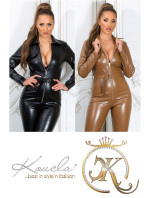Sexy Koucla long-sleeved faux leather jumpsuit
