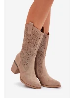 Ażurowe Kozaki Kowbojki Do Połowy Łydki S.Barski HY51-238 Beżowe