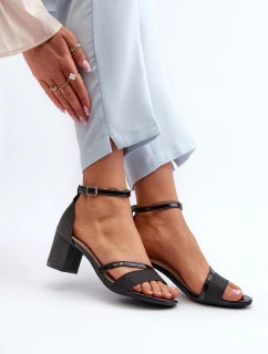 Brokatowe Sandały Damskie Na Niskim Słupku Czarne Ploemis