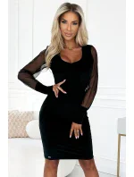 343-2 Elegantné velúrové šaty s priehľadnými tylovými rukávmi - BLACK