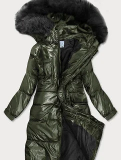 Dámska zimná metalická bunda v khaki farbe s kapucňou (8295)