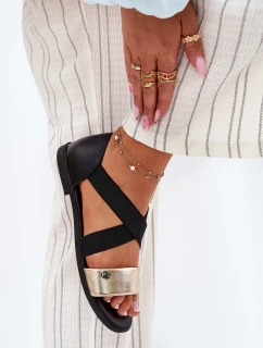 Sandały Damskie Płaskie Z Elastycznymi Paskami Czarno-Złote Marinea