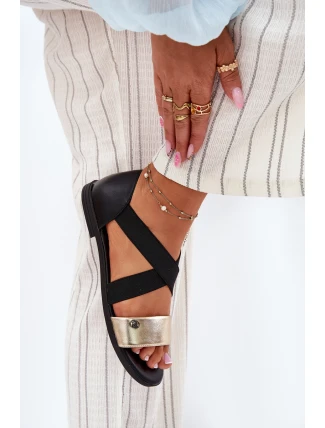 Sandały Damskie Płaskie Z Elastycznymi Paskami Czarno-Złote Marinea