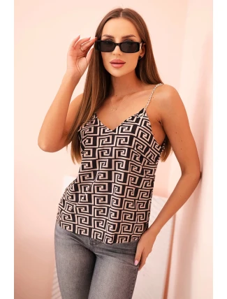 Dámsky top na ramienka s reťazou a geometrickým vzorom camel + black