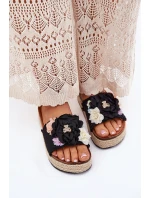 Klapki Damskie Z Kwiatami Platforma Z Plecionką Czarne Zenvanis