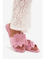 Dámské ploché pantofle s ozdobnými květinami Růžové Elzoria