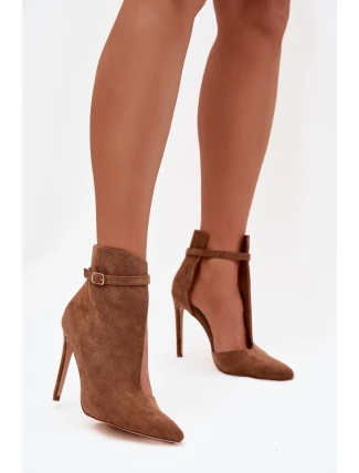 Dámské kotníkové boty na jehlovém podpatku z eko semiše tmavě béžové Amalundi