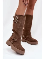 Kožené semišové dámské kozačky s přezkami zateplené Big Star OO274A182 béžové