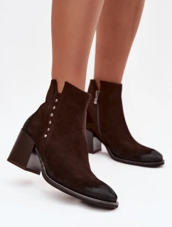 Botki Damskie Z Naturalnego Zamszu Na Słupku Zazoo 1136 Czekoladowe