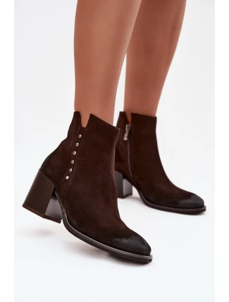 Botki Damskie Z Naturalnego Zamszu Na Słupku Zazoo 1136 Czekoladowe