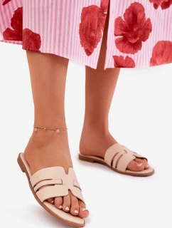 Klapki Damskie Na Płaskim Obcasie Z Wycięciami Eko Skórzane Beżowe Ecapus