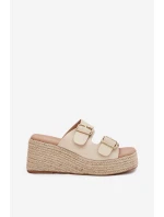 Klapki Damskie Na Koturnie Z Plecionką I Klamrami Beżowe Pasinea